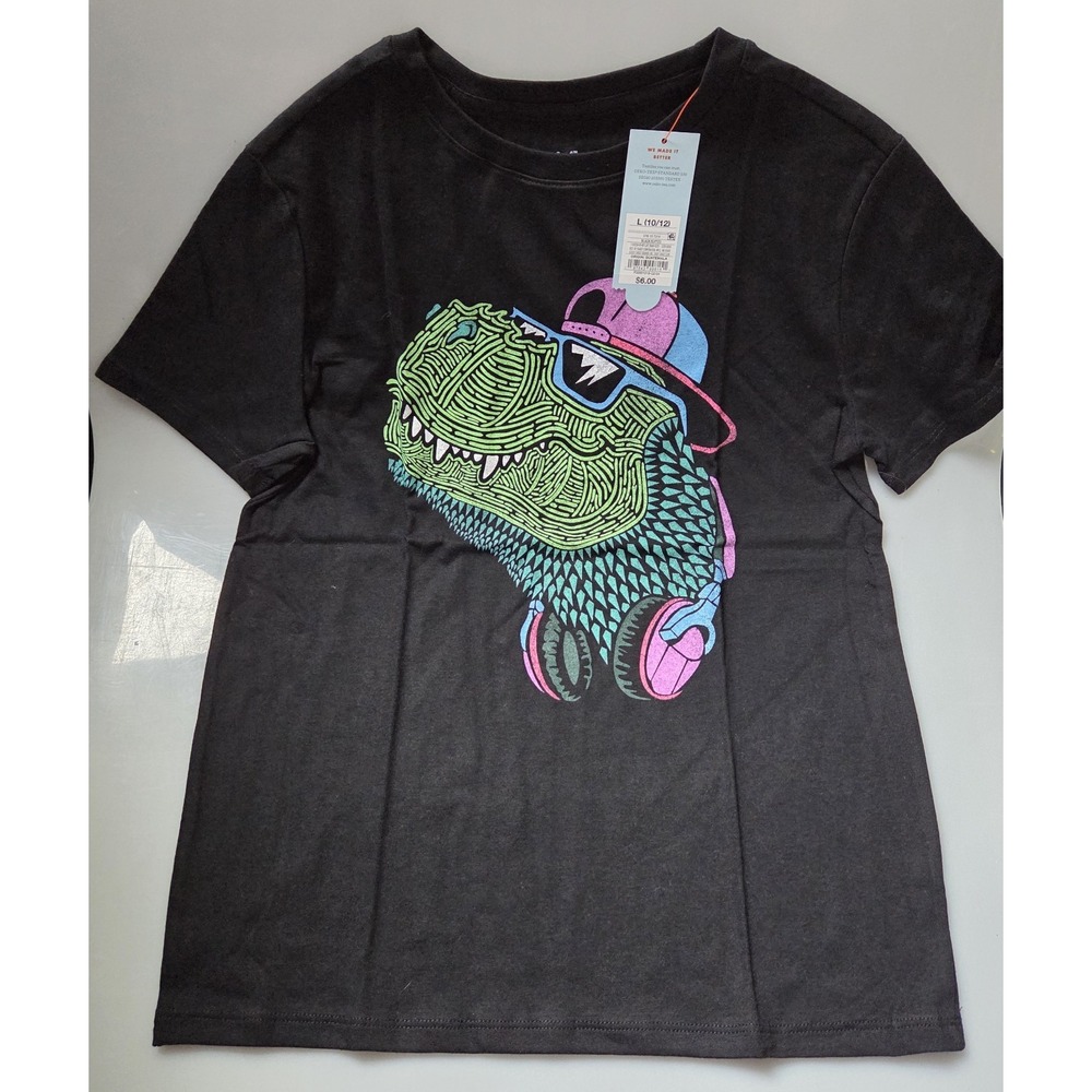 Cat & Jack Black Short‎ Sleeve Soft Cotton  Dinosaur Graphic T-Shirt L (10-12)